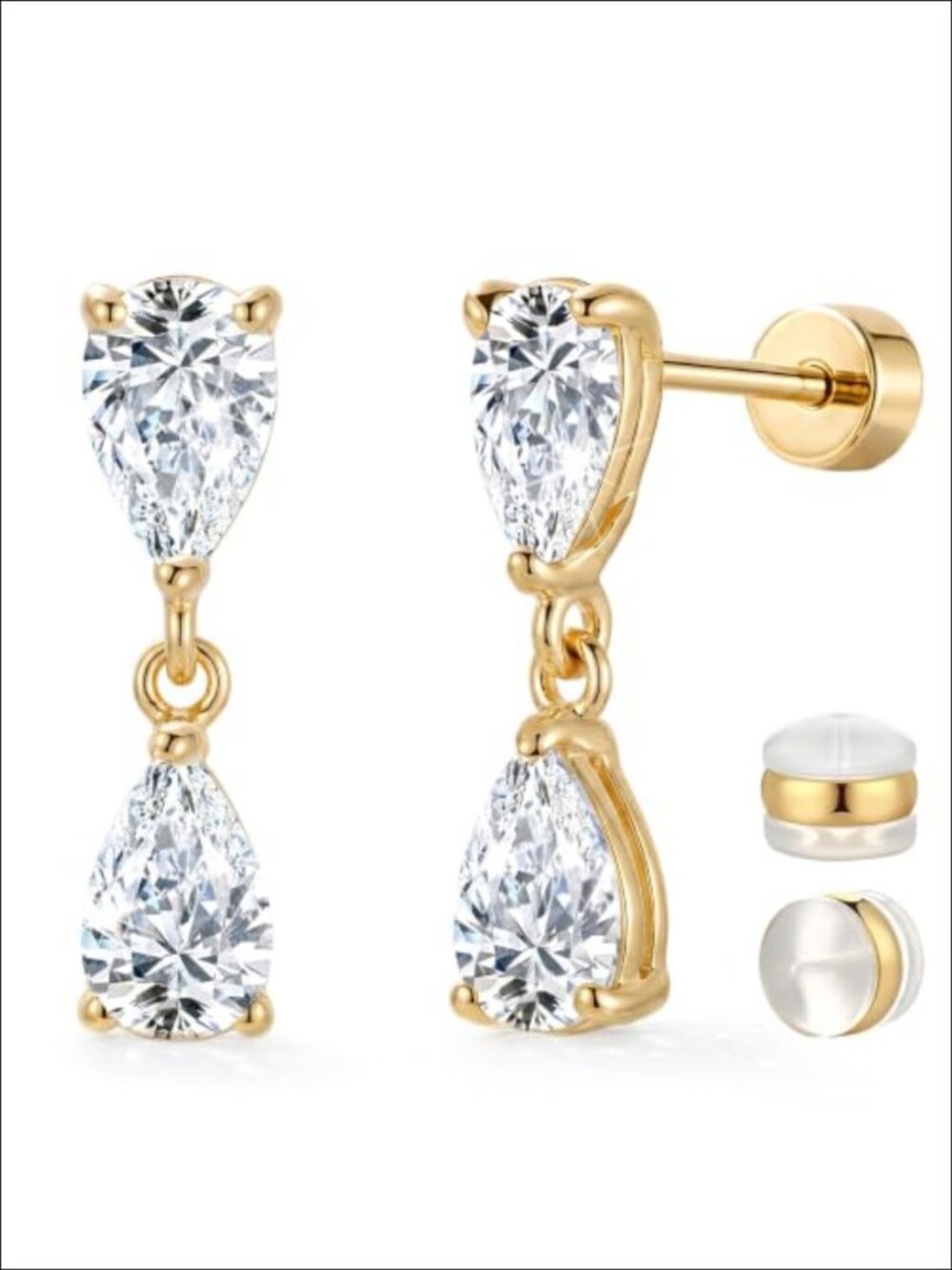 14K Gold Plated Dangle Flat Back Earrings Sterling Silver Posts Double Stone